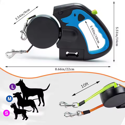 Auto Retractable Dog Leash 3M Extendable Rope For 2 Dogs